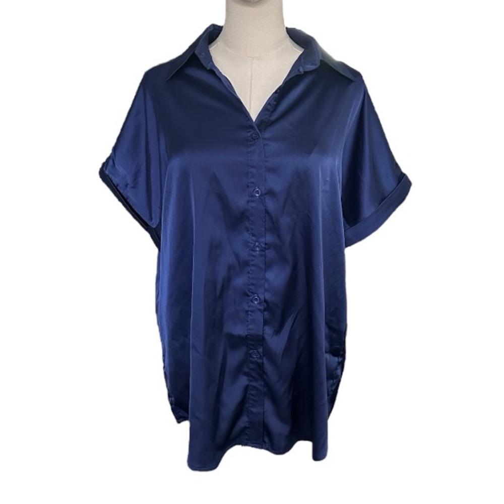 NEW Blue Silky Satin Short Sleeve Button Up Blouse / Top size womens large